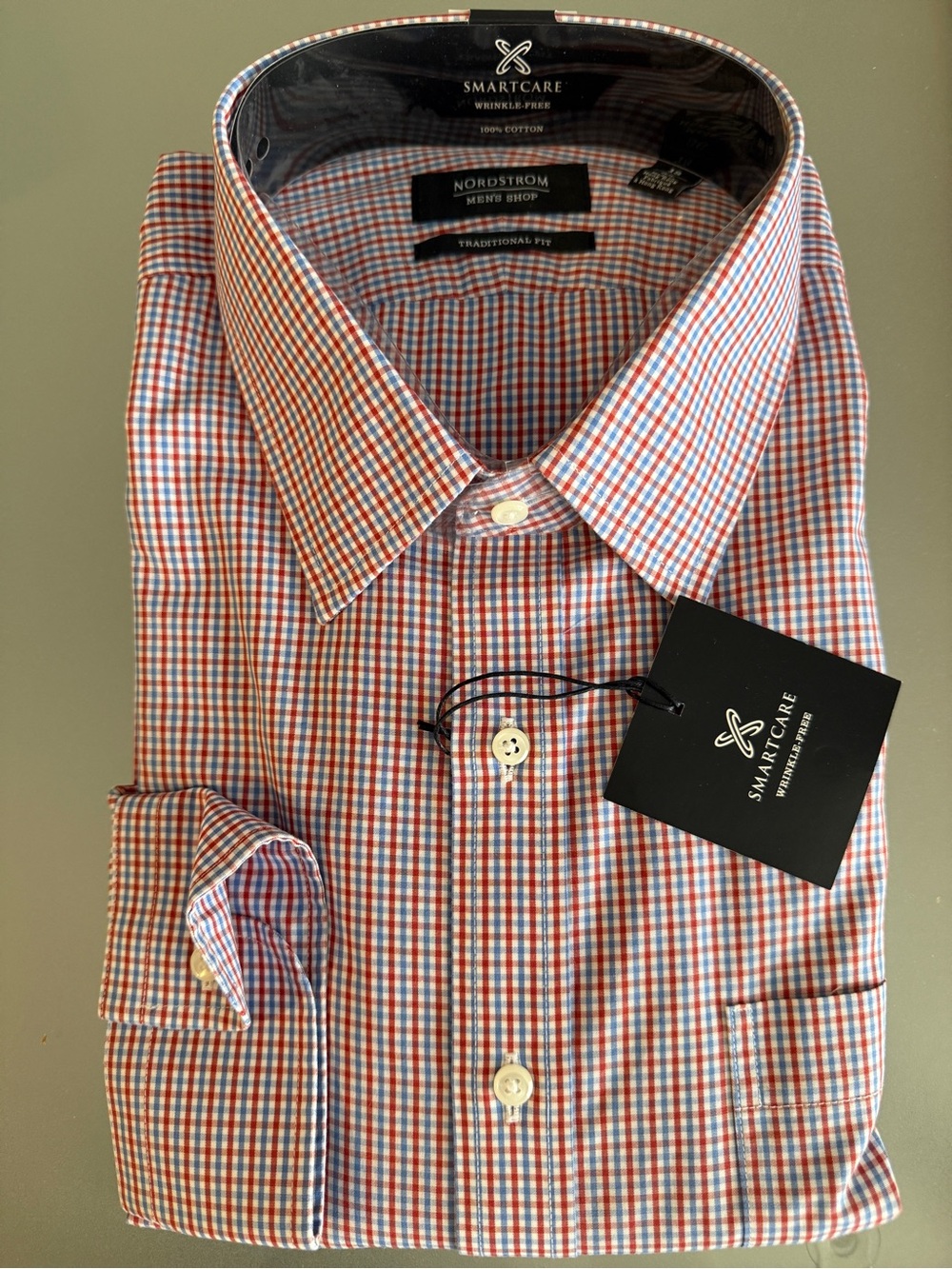 NWT Nordstrom Men’s Traditional Fit SmartCare Check Dress Shirt - Red/Blue 18-36